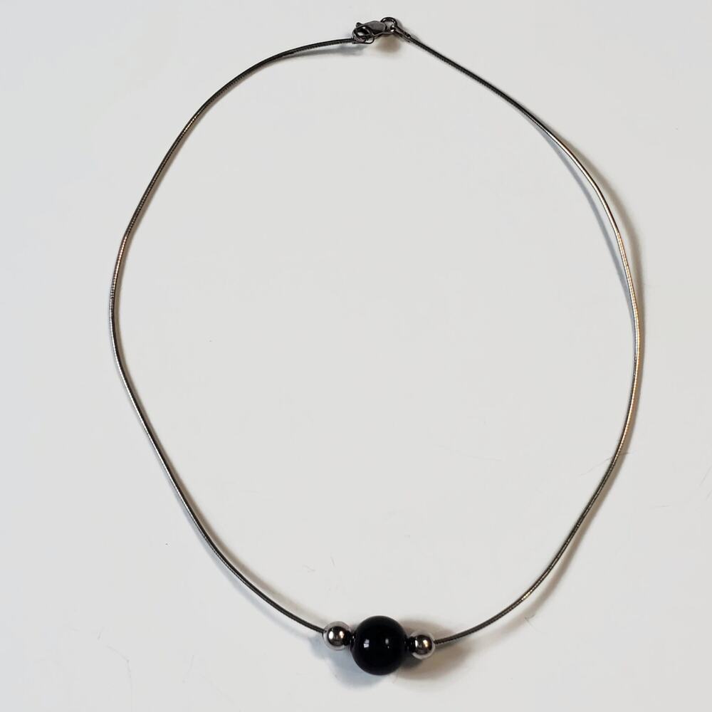 Black Onyx & Sterling Silver Bead Omega Chain Necklace 16 in.